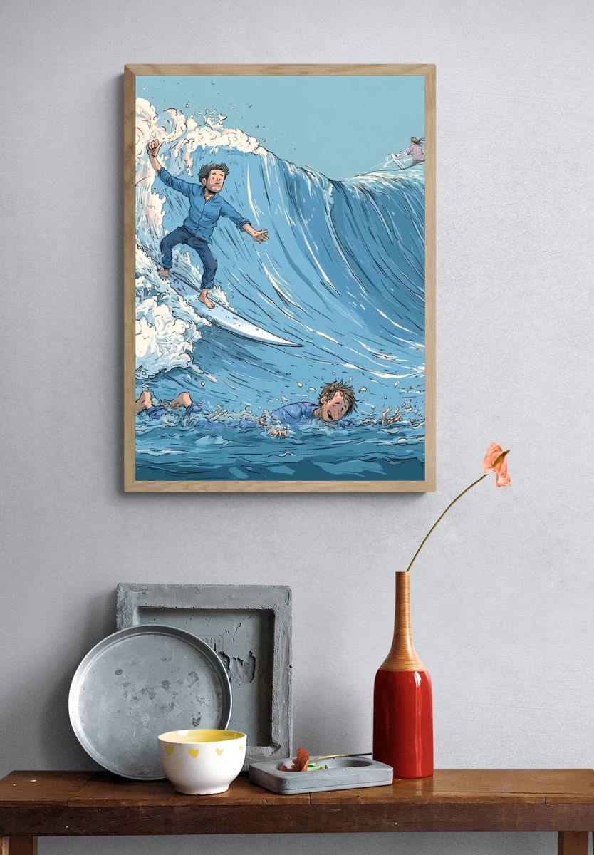 Surfing Wave Illustration Poster. — room view 3