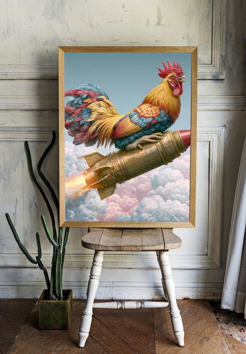 Rocket Rooster Surrealism Poster. room preview