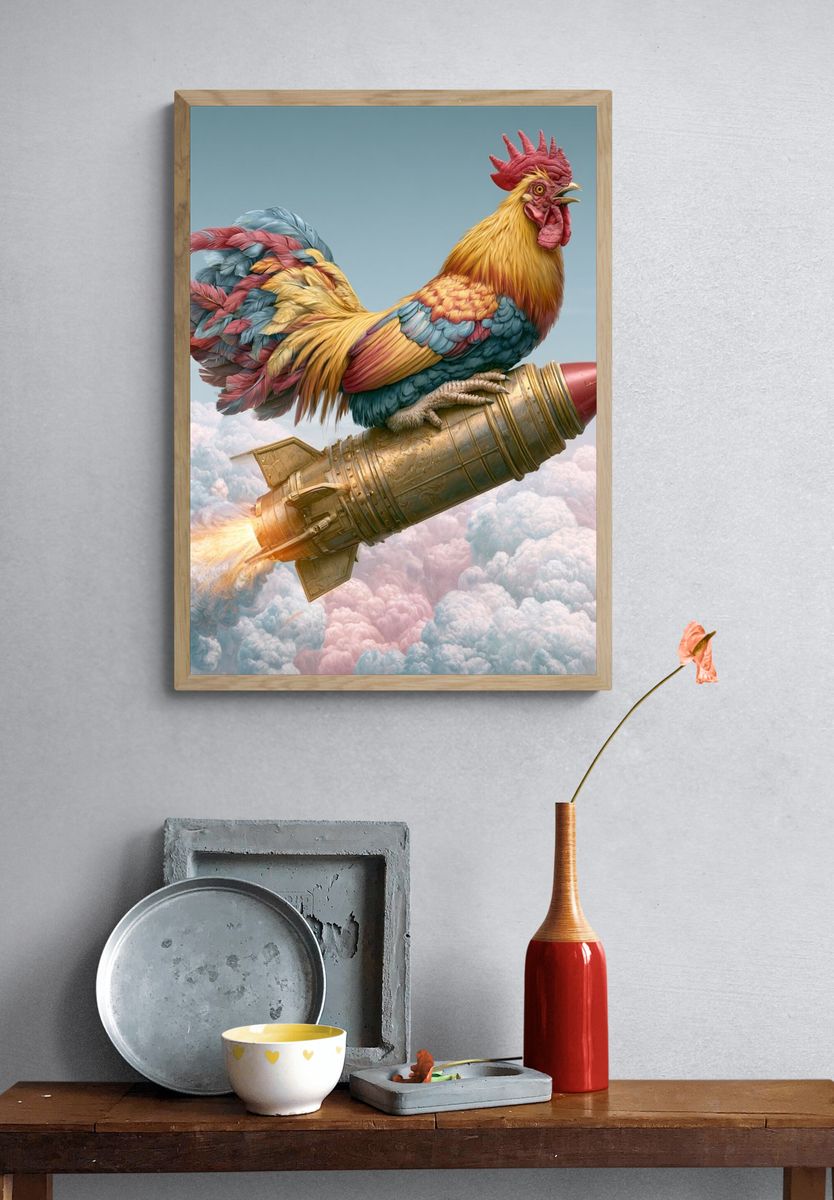 Rocket Rooster Surrealism Poster. — room view 3