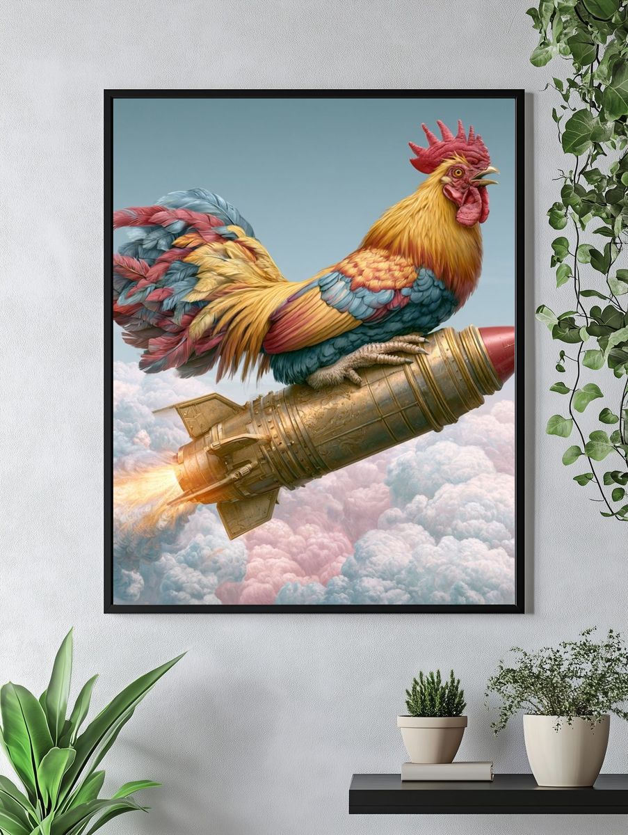 Rocket Rooster Surrealism Poster. — room view 4