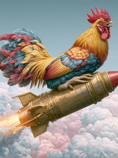 Rocket Rooster Surrealism Poster.
