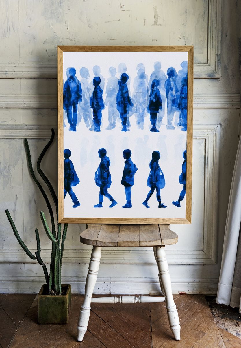 Blue Walking Figures Illustration Poster. room preview