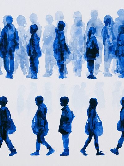 Blue Walking Figures Illustration Poster.