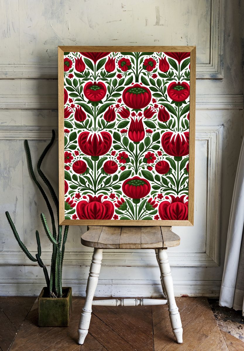 Red Floral Folk Pattern Poster. room preview