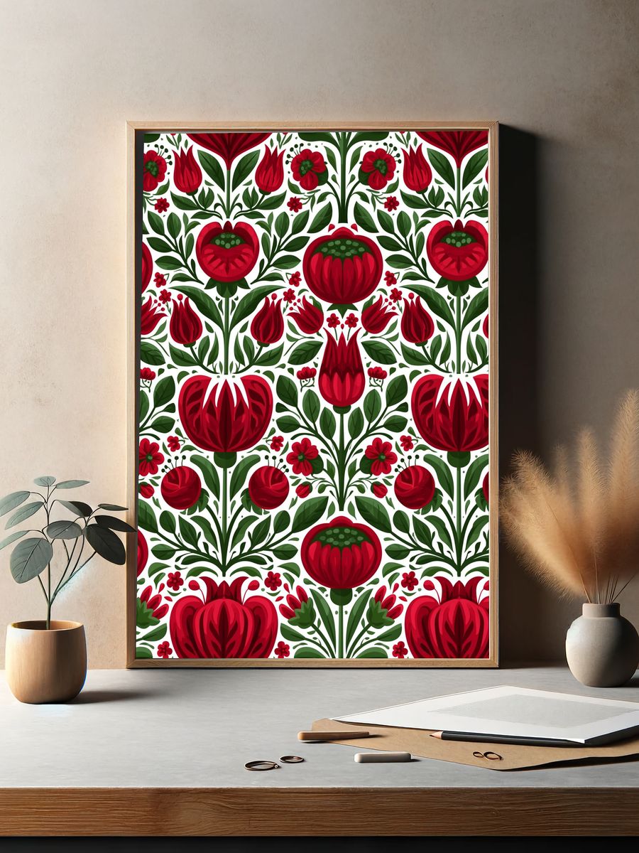 Red Floral Folk Pattern Poster. — room view 2