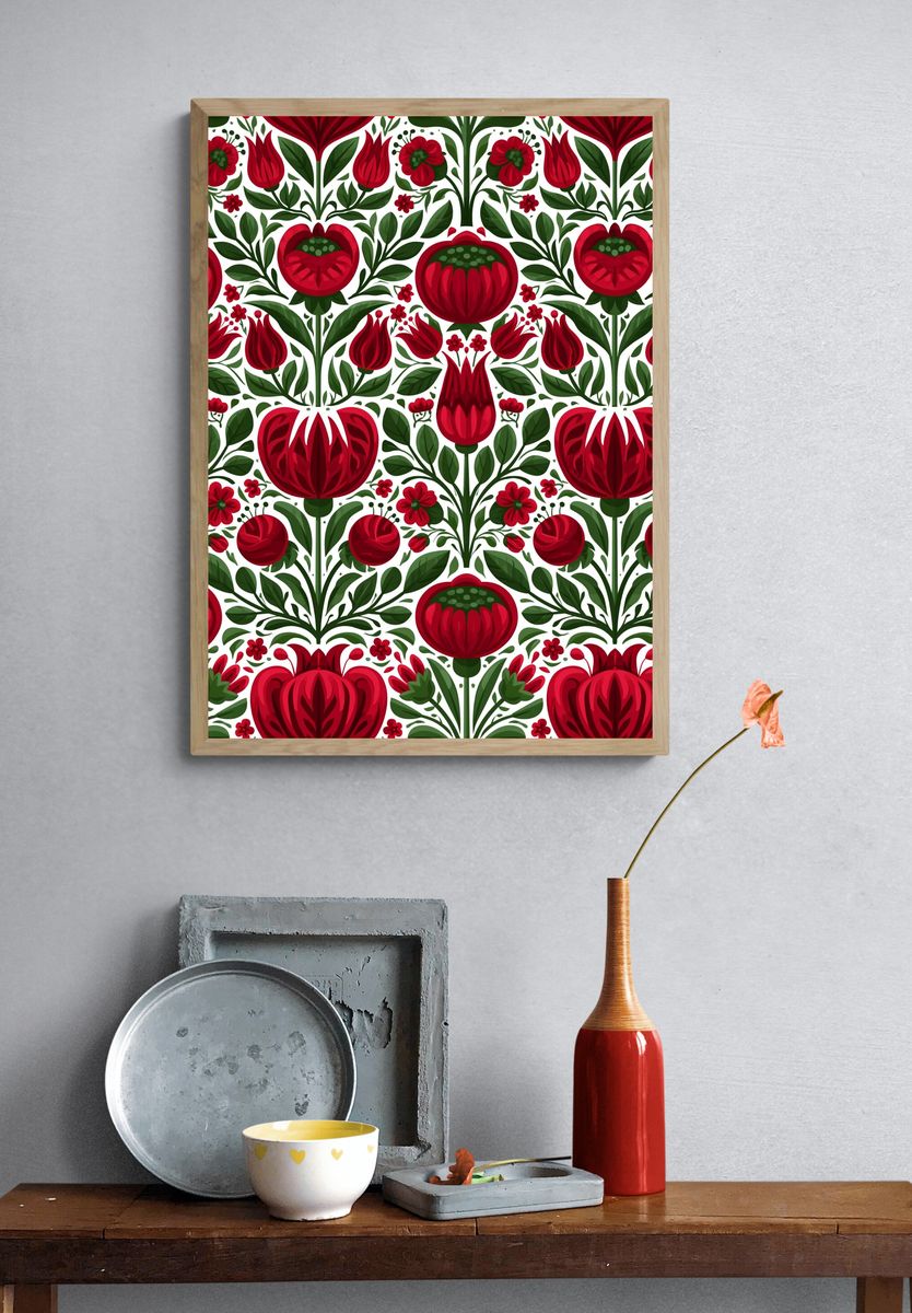 Red Floral Folk Pattern Poster. — room view 3