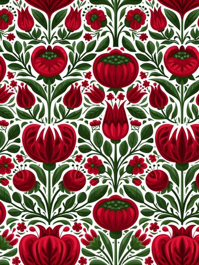 Red Floral Folk Pattern Poster.