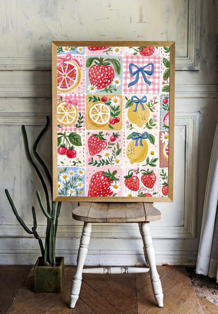Strawberry Patchwork Illustration Poster. room preview