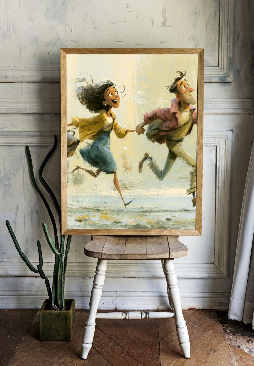 Joyful Couple Run Illustration Poster. room preview