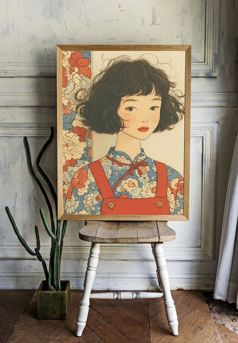 Floral Girl Portrait Vintage Print. room preview