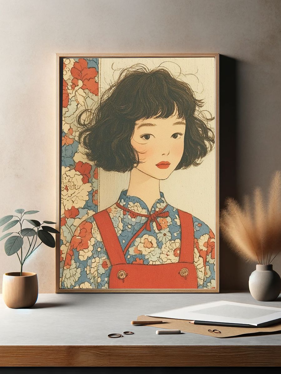 Floral Girl Portrait Vintage Print. — room view 2