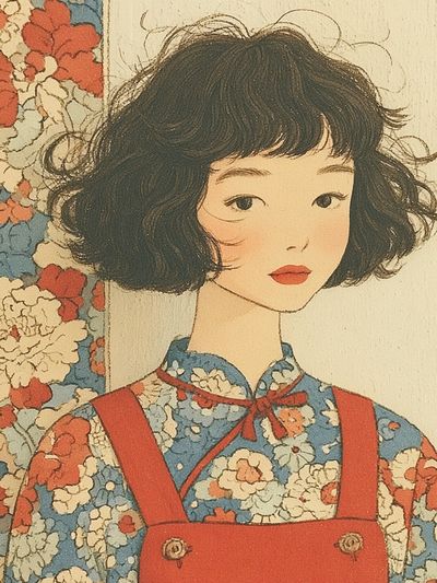 Floral Girl Portrait Vintage Print.