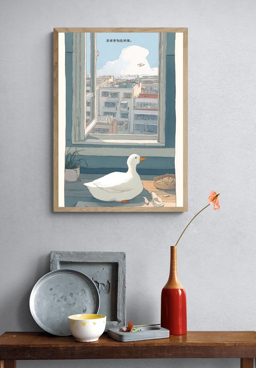 Duck by the Window Illustration Poster. — room view 3