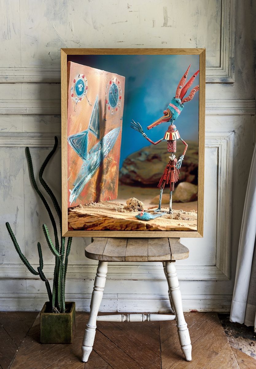 Whimsical Bird Sculpture Illustration Poster. — room view 1