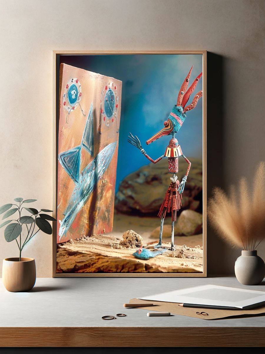 Whimsical Bird Sculpture Illustration Poster. — room view 2