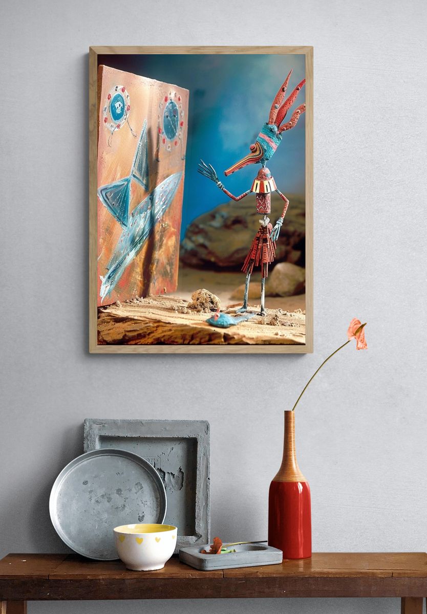 Whimsical Bird Sculpture Illustration Poster. — room view 3