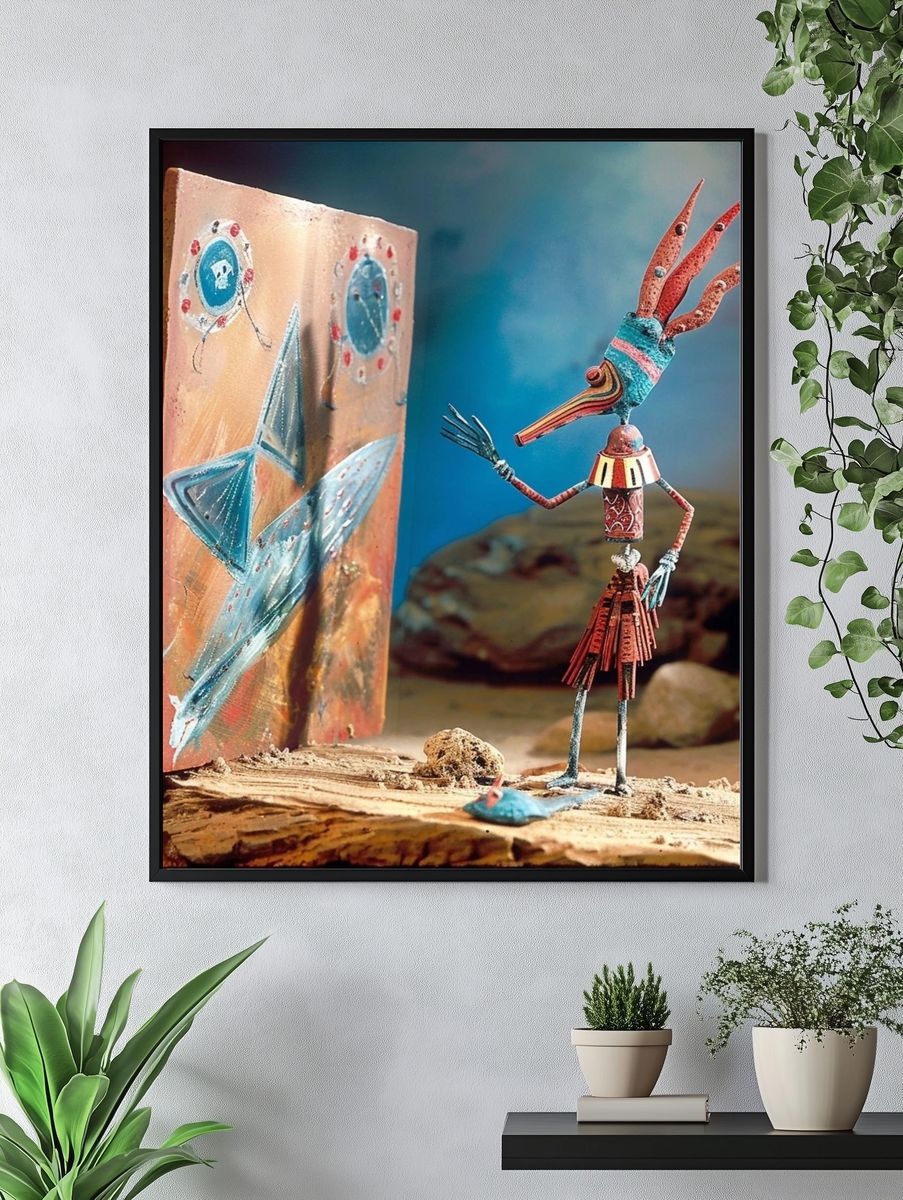Whimsical Bird Sculpture Illustration Poster. — room view 4