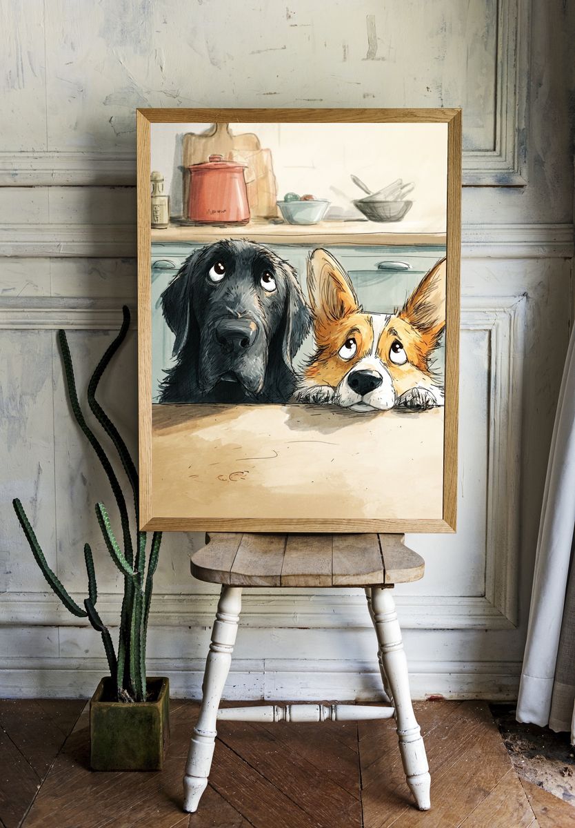 Curious Dogs Kitchen Illustration Poster. — room view 1