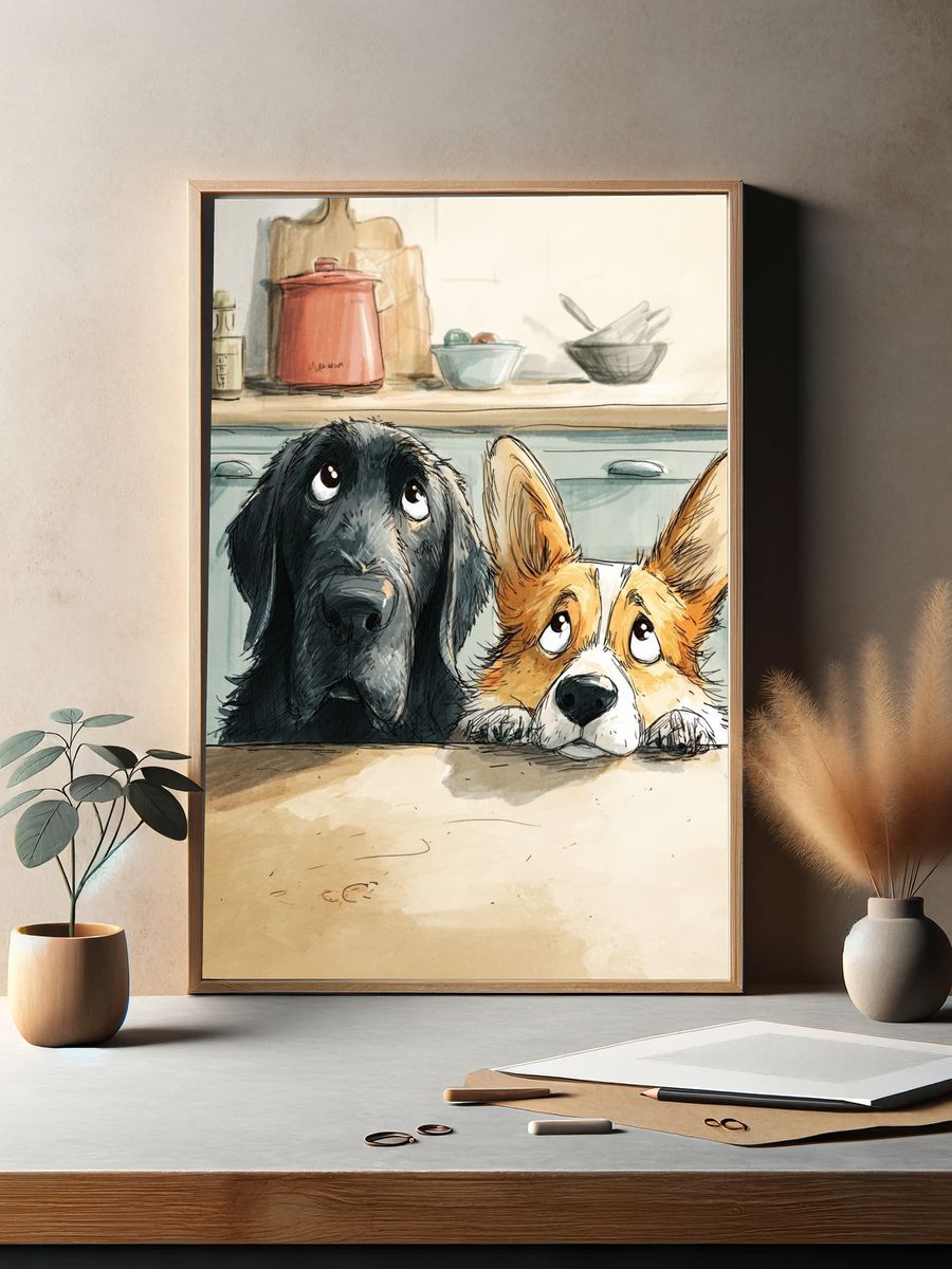 Curious Dogs Kitchen Illustration Poster. — room view 2