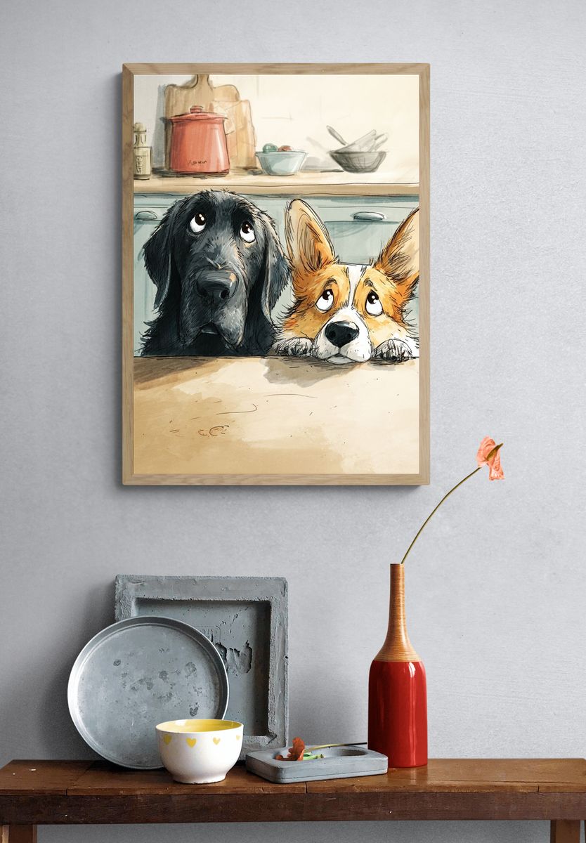 Curious Dogs Kitchen Illustration Poster. — room view 3