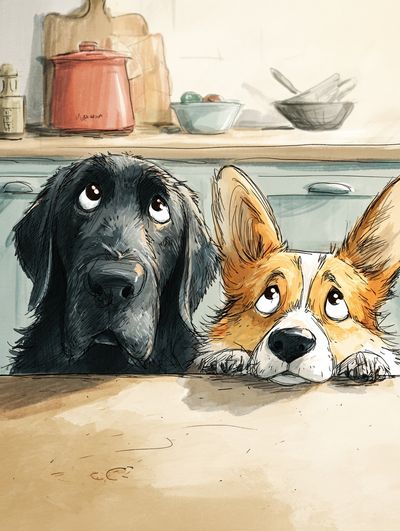 Curious Dogs Kitchen Illustration Poster.