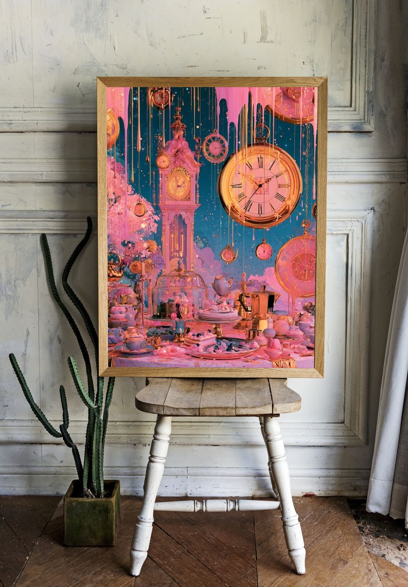 Dreamy Clock Garden Illustration Poster. room preview