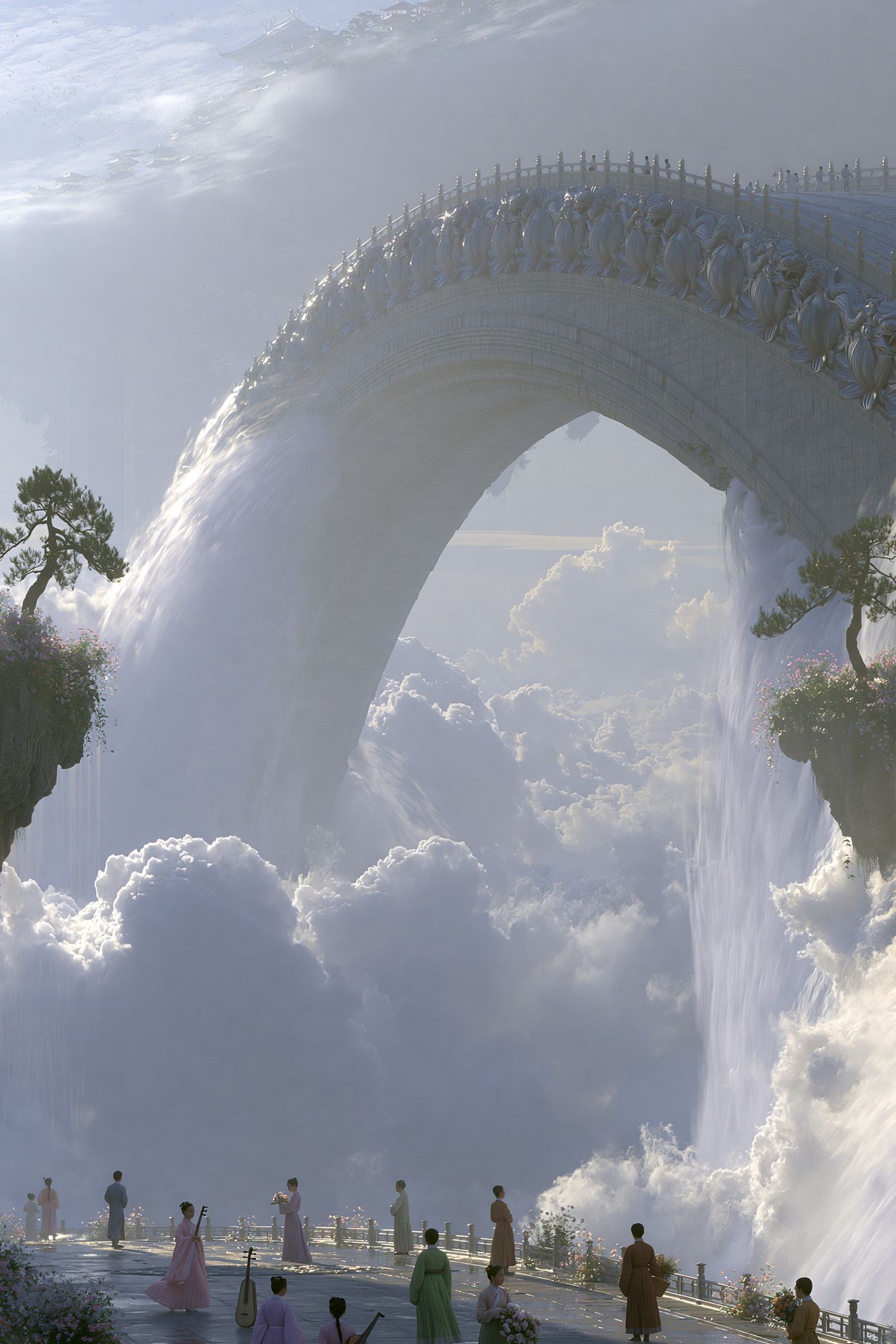 Celestial Waterfall Bridge Fantasy Print. poster — illustration art