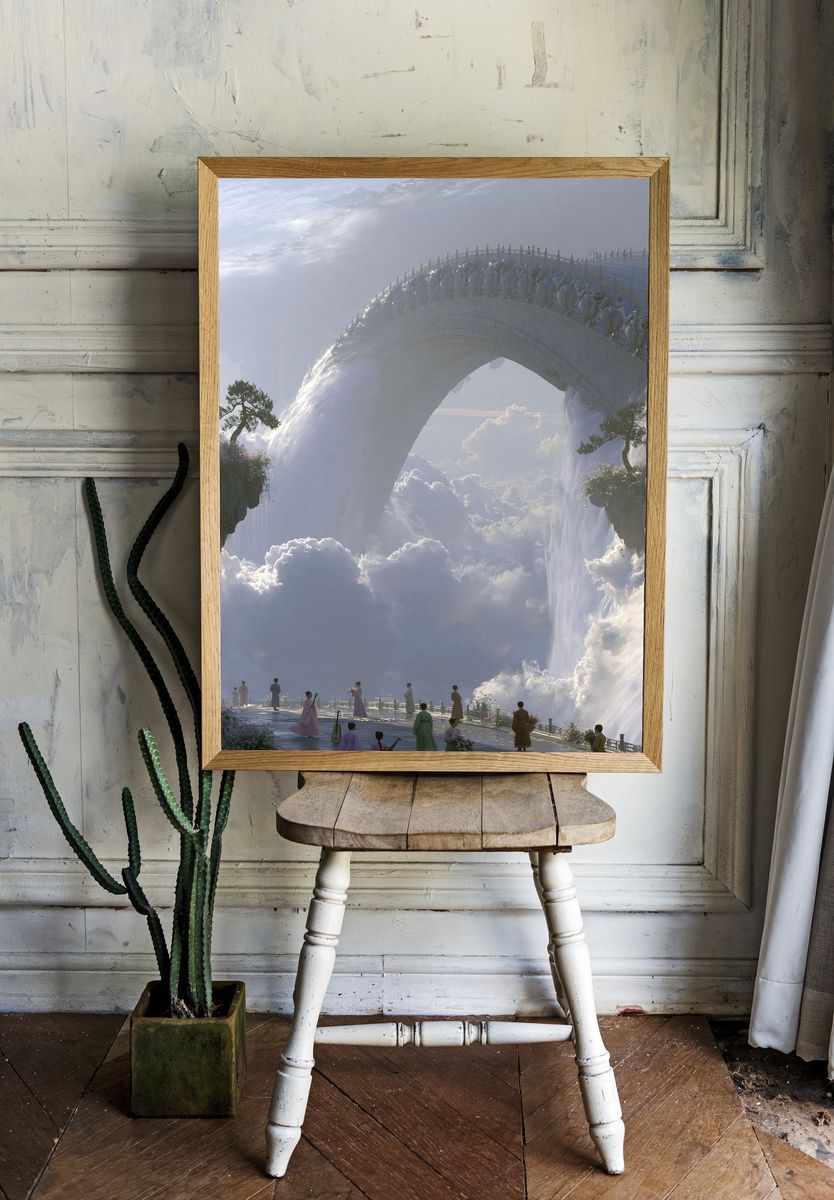 Celestial Waterfall Bridge Fantasy Print. — room view 1