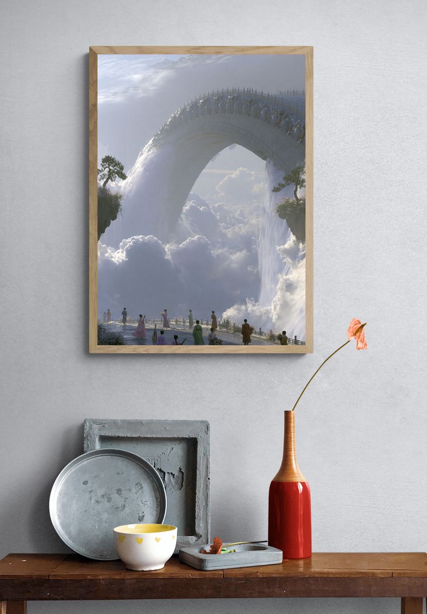 Celestial Waterfall Bridge Fantasy Print. — room view 3