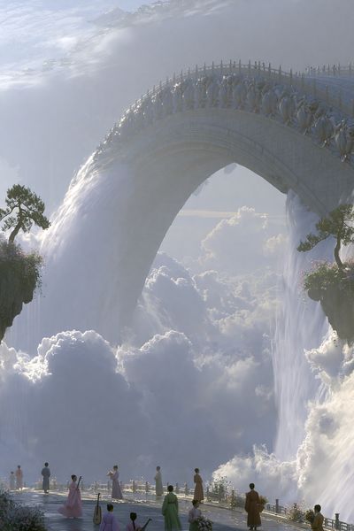 Celestial Waterfall Bridge Fantasy Print.