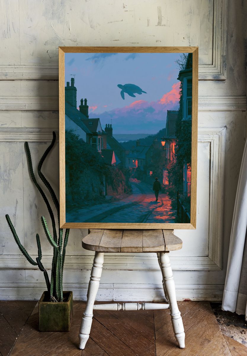 Moonlit Turtle Village Illustration Poster. room preview