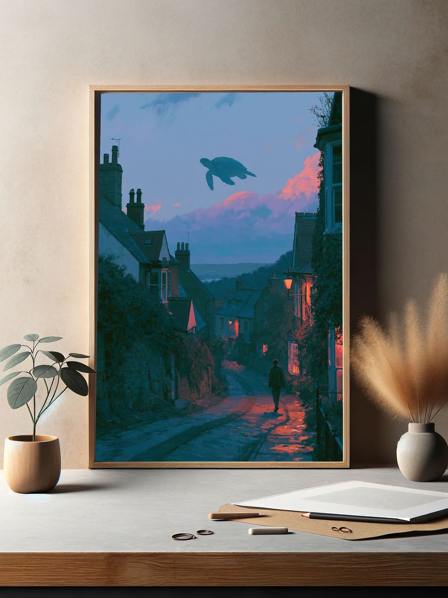 Moonlit Turtle Village Illustration Poster. — room view 2