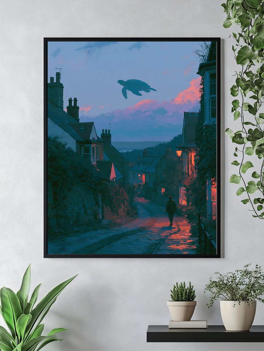 Moonlit Turtle Village Illustration Poster. — room view 4