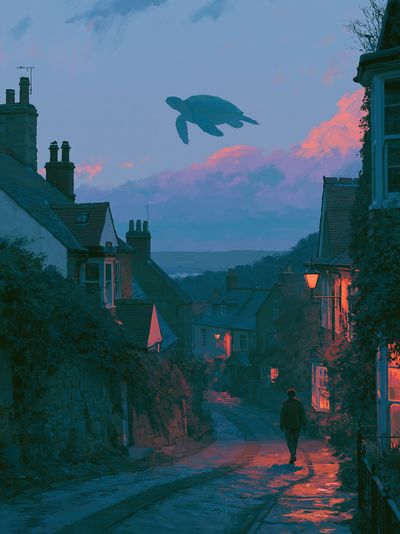 Moonlit Turtle Village Illustration Poster.