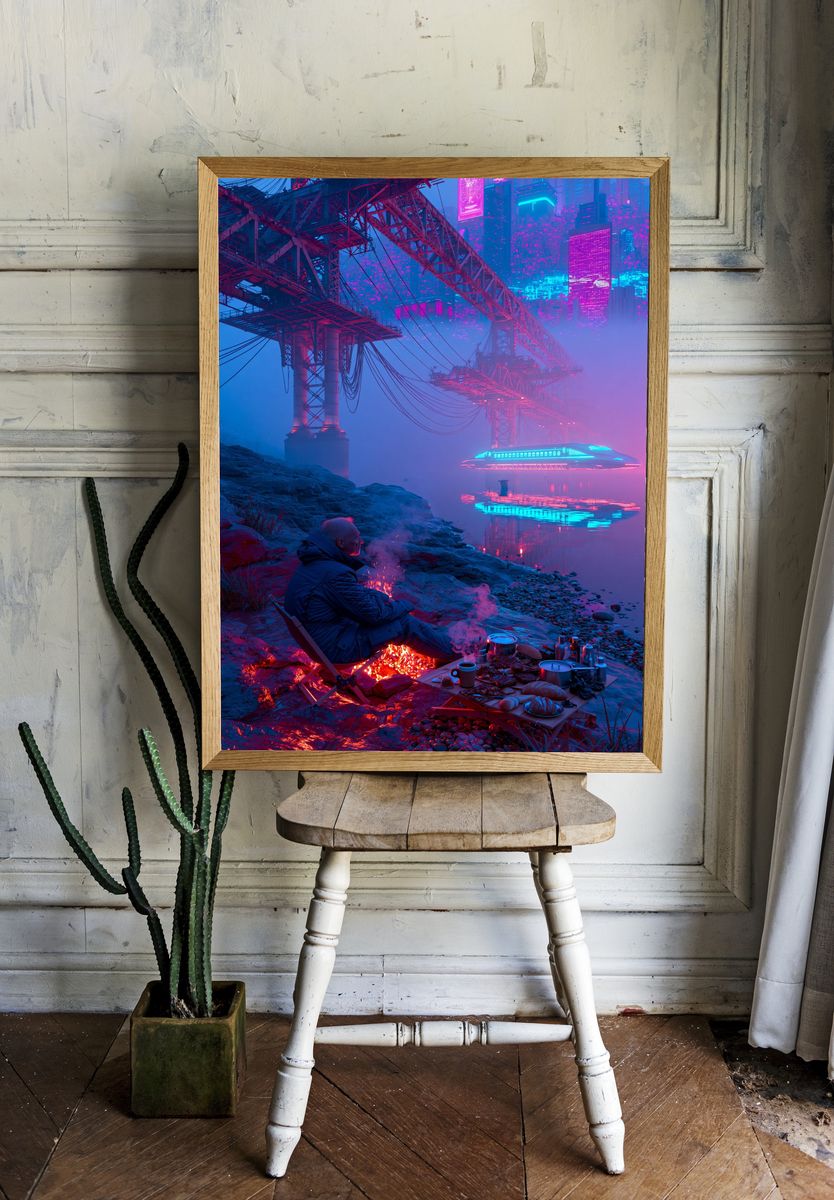 Neon Cyberpunk Riverside Poster. room preview