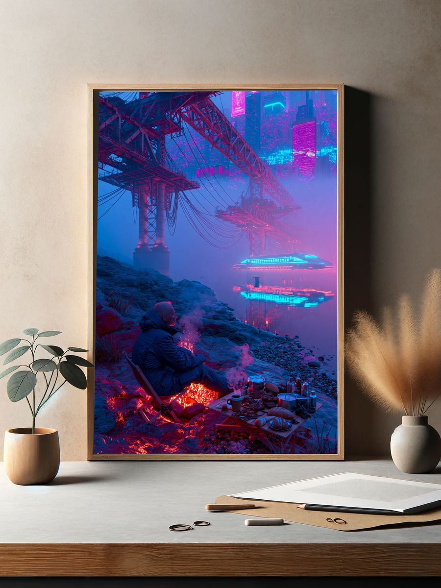 Neon Cyberpunk Riverside Poster. — room view 2