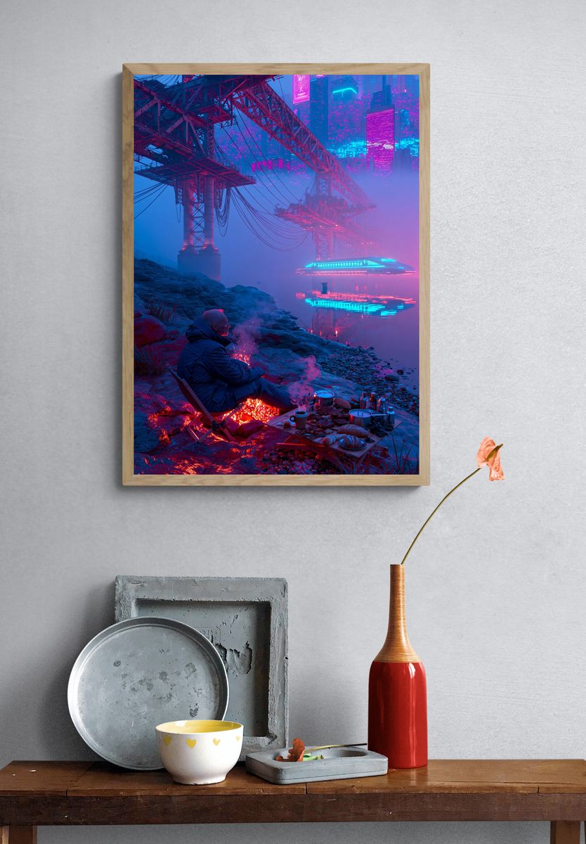 Neon Cyberpunk Riverside Poster. — room view 3