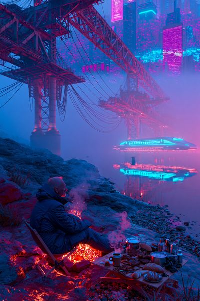 Neon Cyberpunk Riverside Poster.