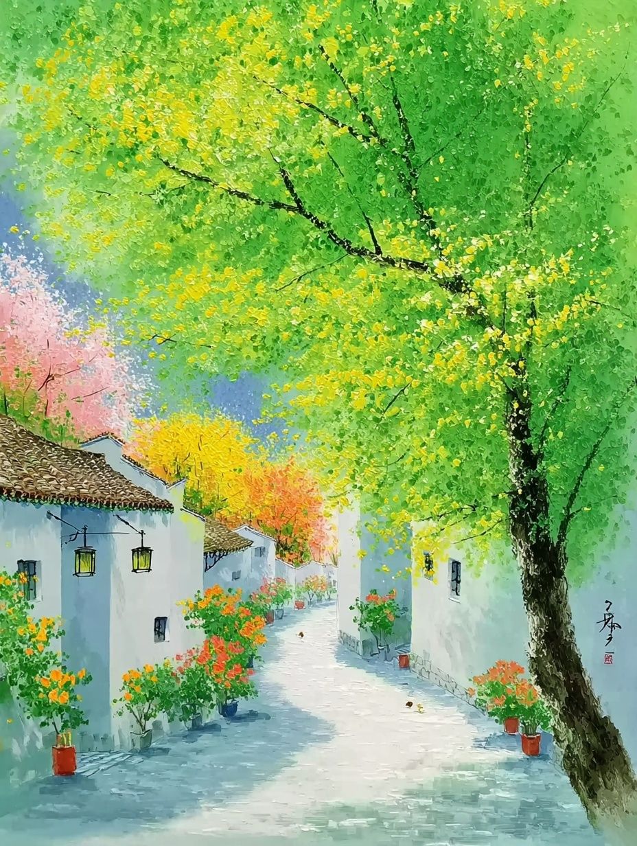 Spring Village Lane Illustration Poster. poster detail
