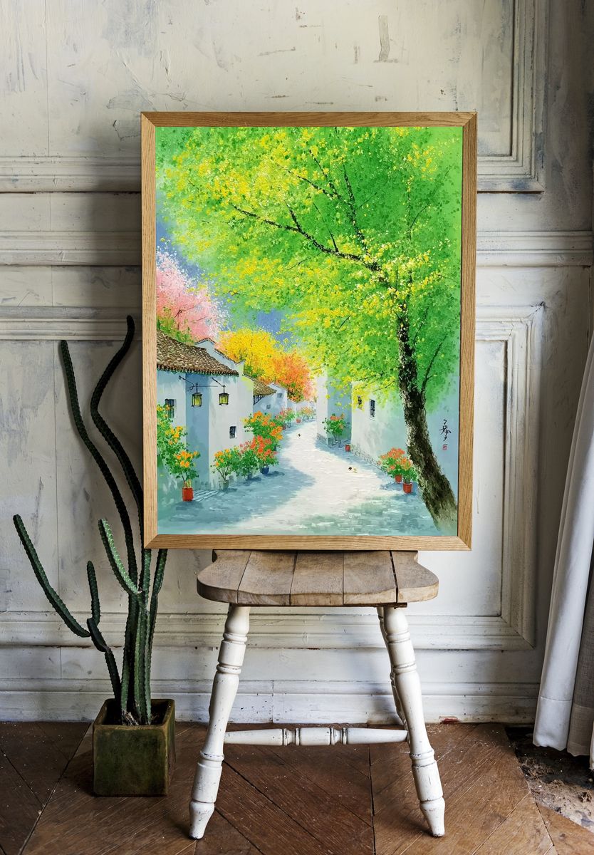 Spring Village Lane Illustration Poster. room preview