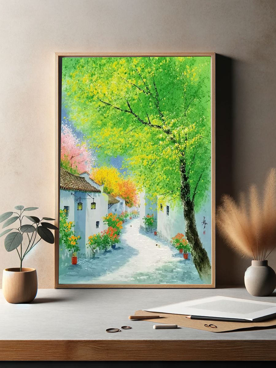 Spring Village Lane Illustration Poster. — room view 2