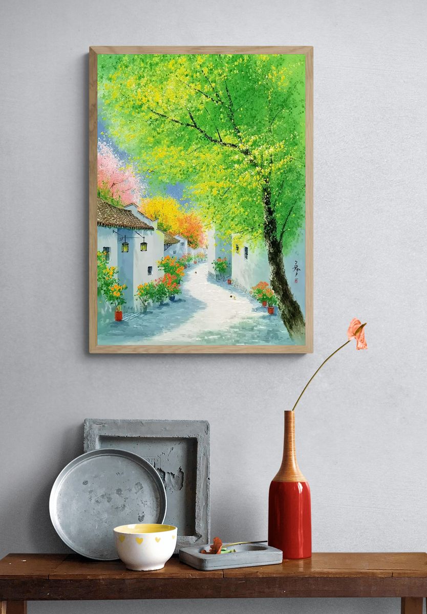 Spring Village Lane Illustration Poster. — room view 3