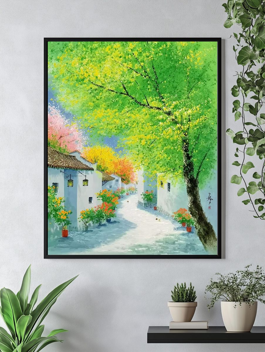 Spring Village Lane Illustration Poster. — room view 4