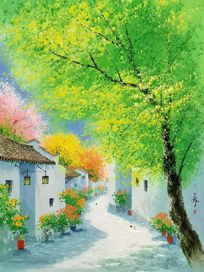 Spring Village Lane Illustration Poster. poster