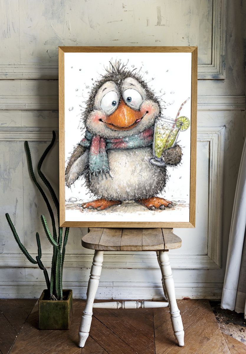 Cheerful Penguin Cocktail Illustration Poster. — room view 1