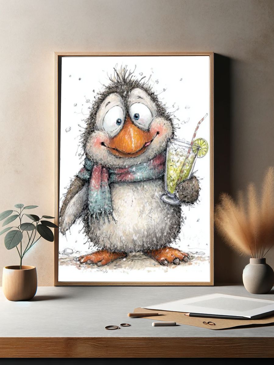 Cheerful Penguin Cocktail Illustration Poster. — room view 2