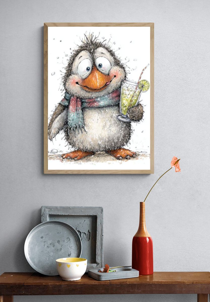 Cheerful Penguin Cocktail Illustration Poster. — room view 3