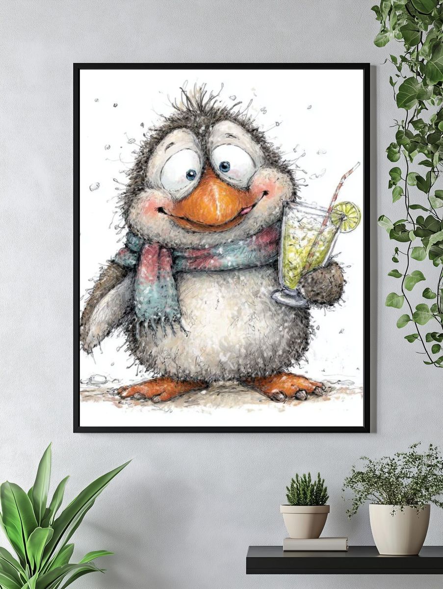 Cheerful Penguin Cocktail Illustration Poster. — room view 4