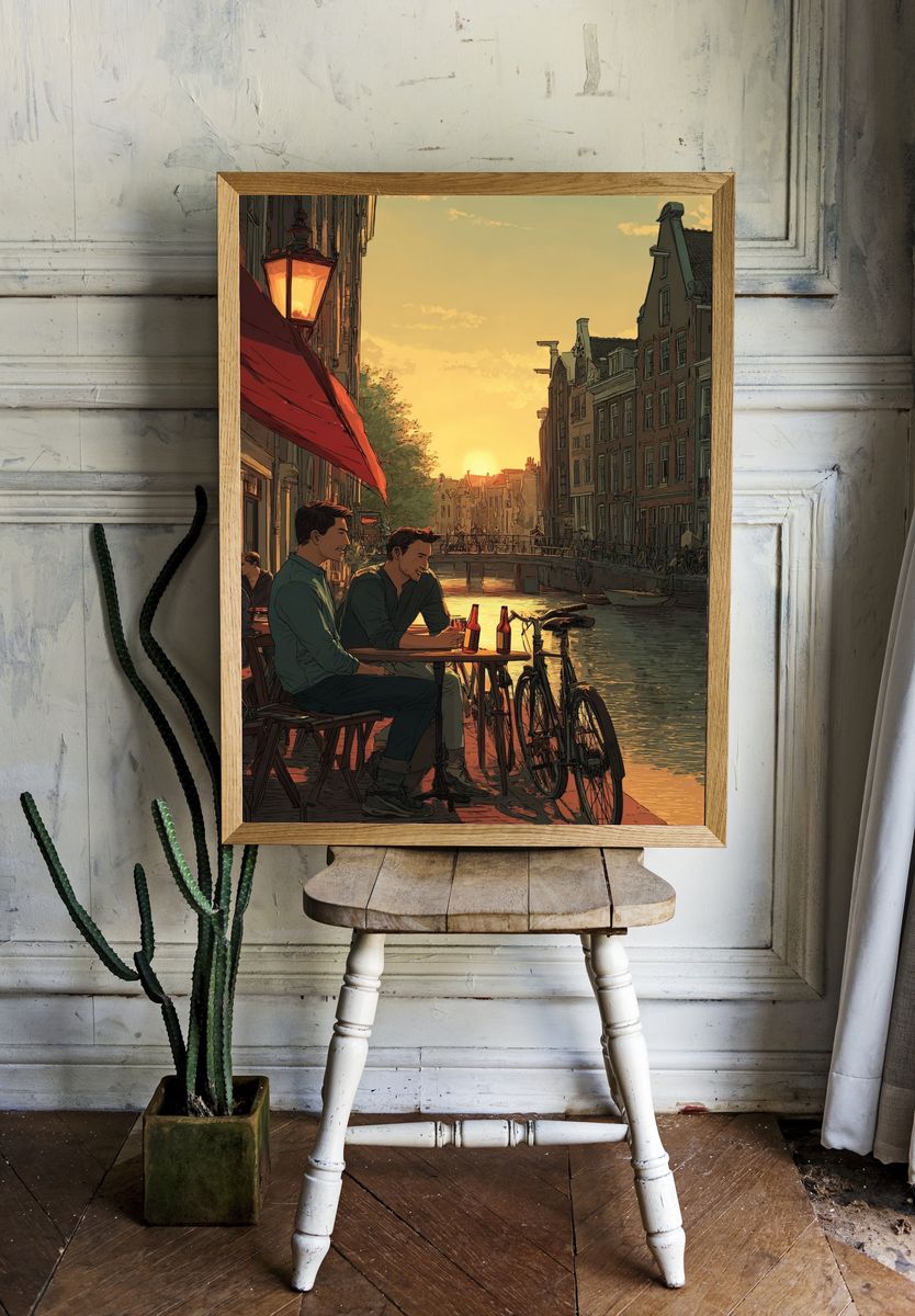 Canal Sunset Café Illustration Poster. room preview