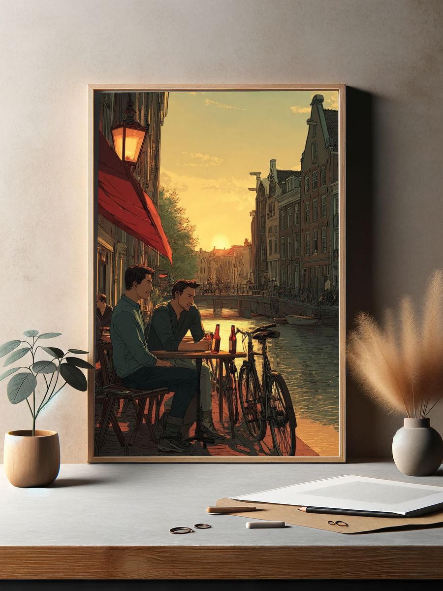 Canal Sunset Café Illustration Poster. — room view 2